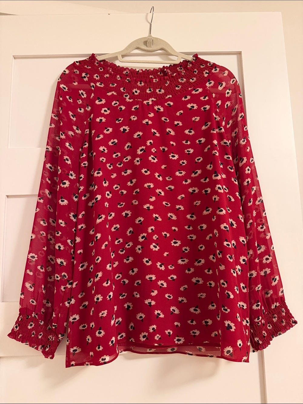 Madewell Red Floral Smocked-Neck Peasant Blouse